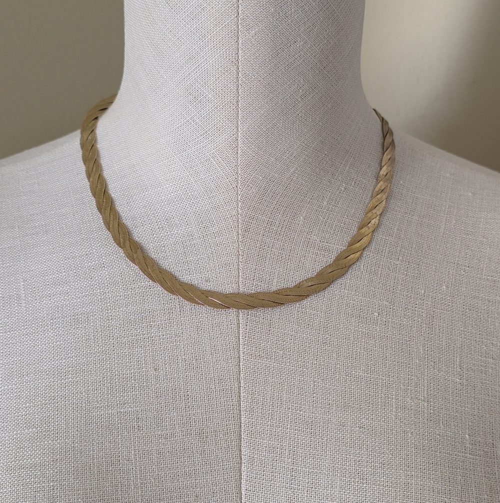 14K GE Flat Herringbone Twist Braid Chain Necklace Vintage B.C. Lind Yellow Gold